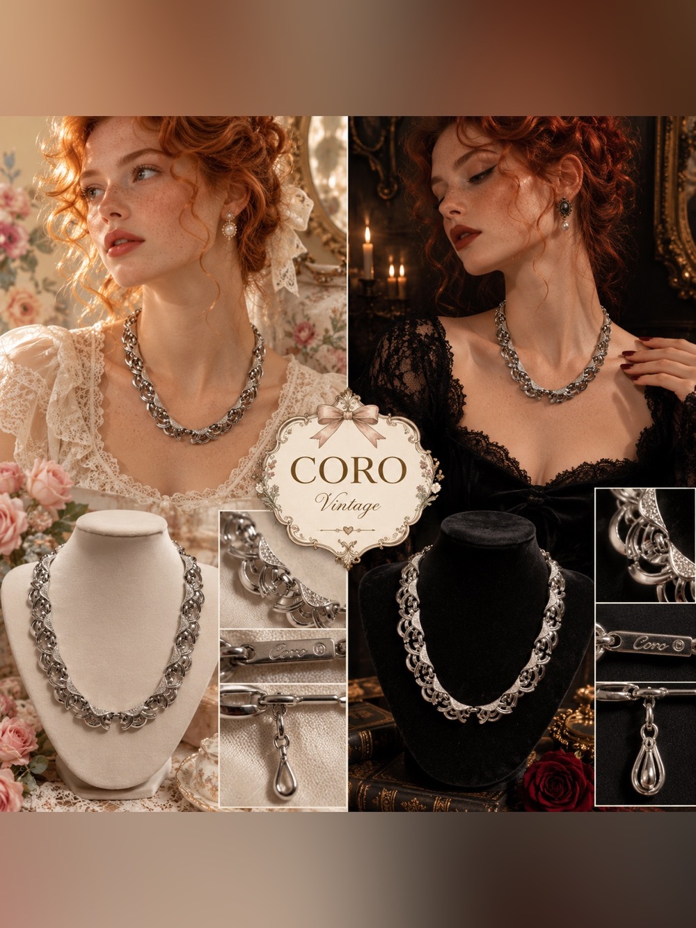 Vintage Signed Coro Silver Tone Crescent Panel Necklace 1950s